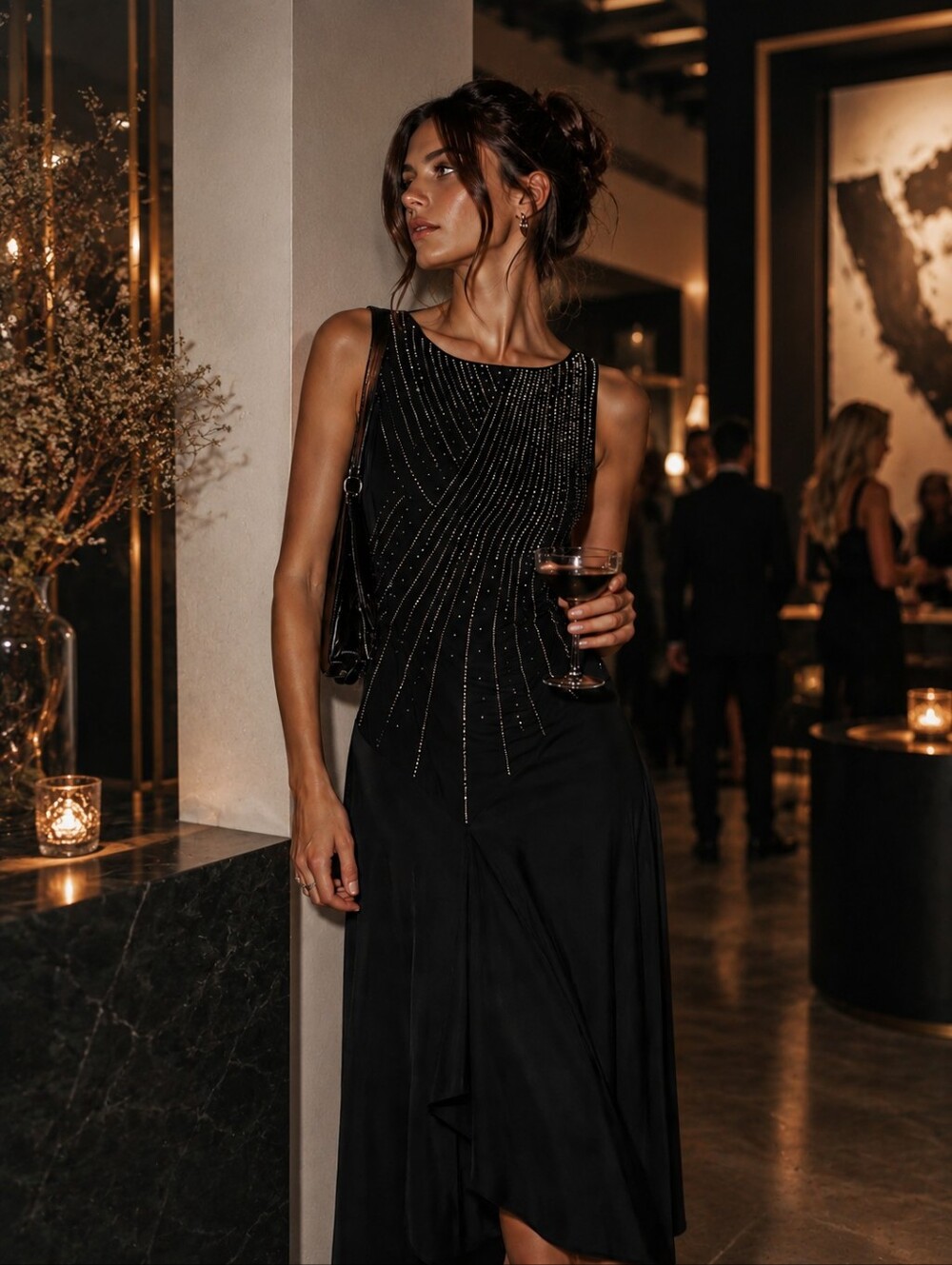 VINTAGE Gold Metallic Black Cocktail Dress I.N. San Fran Large Art Deco 90s Glam